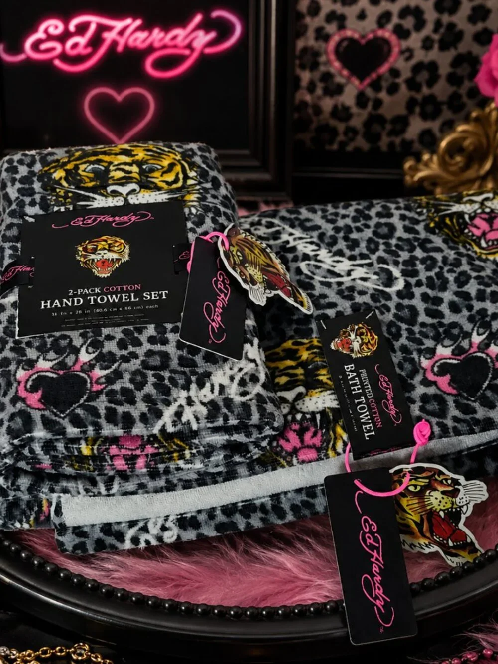 Ed Hardy 3-Piece Towel Set Grey Leopard Tiger Tattoo Print NWT
